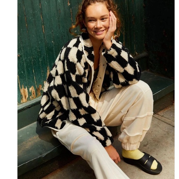 FREE PEOPLE FP MOVEMENT Hit The Slopes Printed Fleece Jacket Black White Checker - Picture 14 of 16